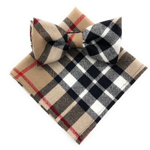 Gents Pure Wool Thomson Camel Tartan Bow Tie & Matching Pocket Square Set - Made in Scotland