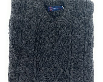 Gents Pure British Wool Charcoal Arran Jumper - Made in Uk