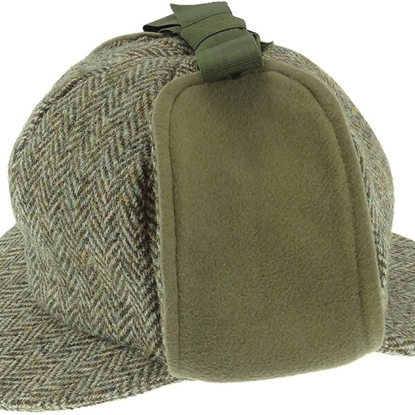 Gents Authentic Harris Tweed Green Herringbone Deerstalker with Moleskin Hat - Made in UK