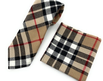 Gents Pure Wool Thomson Camel Tartan Tie & Matching Pocket Square Set - Made in Scotland