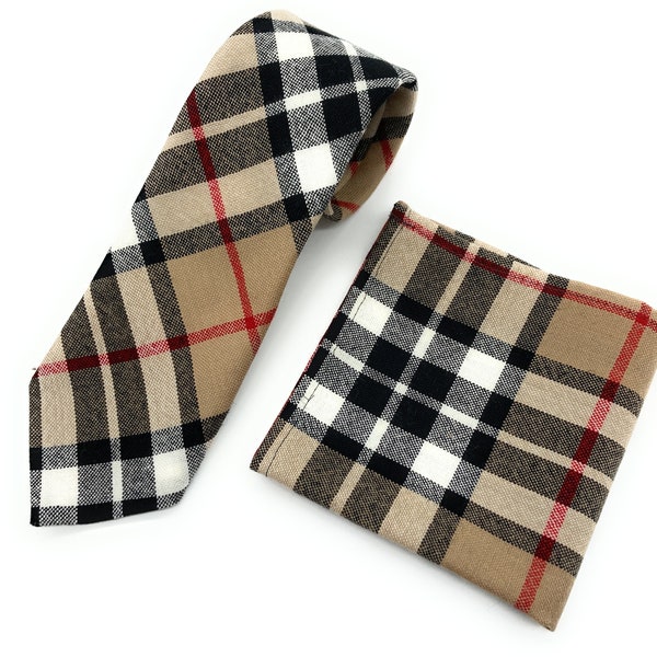 Gents Pure Wool Thomson Camel Tartan Tie & Matching Pocket Square Set - Made in Scotland