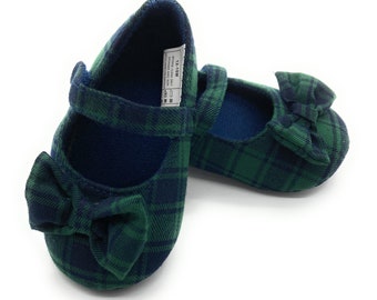 Baby Girl Black Watch Tartan Shoes With Tartan Bow