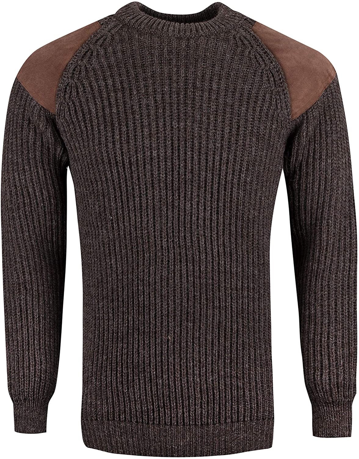 HighlandTweedStore Pure British Wool Countryman Patch Crew Neck Brown Arran Jumper - Made in UK