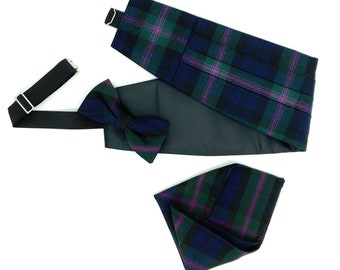 Gents Pure Wool Baird Tartan Cummerbund & Bow Tie , Pocket Square  Set - Made in Scotland