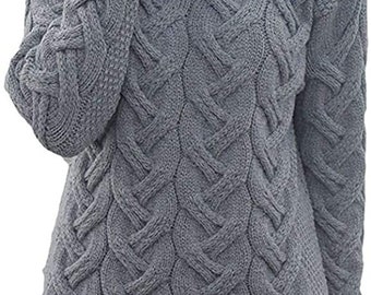 100% British Wool Ladies Cable Cowl Neck Light Grey Arran Jumper- MADE IN UK