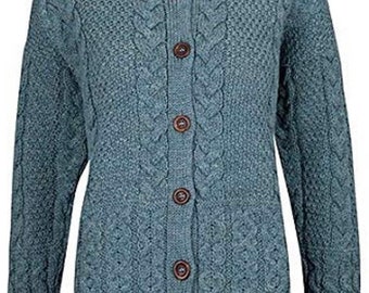 British Wool Ladies Authentic Long Sleeved Arran Cardigan (Summer Storm) - Made in UK