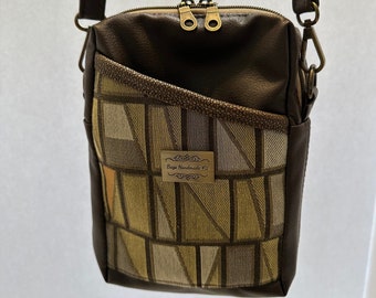 Pixie Crossbody Bag  Brown and Gold Geometric Print with a complimentary brown Faux Leather, Adjustable Strap, Pockets, Medium Size