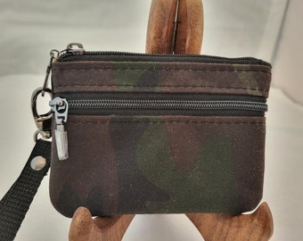 Wristlet, wallet, card case in waxed canvas brown and green camo pattern