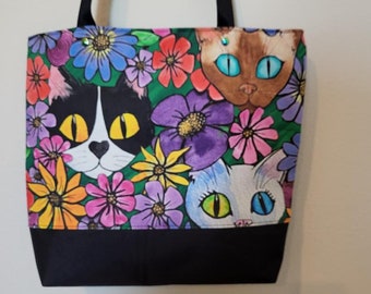 Cats and Bright Flowers on a Cotton Canvas Tote