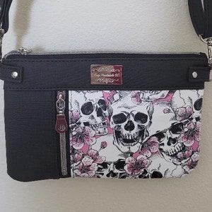 Bandolera/bolso/embrague de hombro con calavera con correa ajustable/desmontable con calaveras con flores rosas y grises