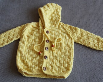 Crochet baby sweater, hand knit yellow jacket with hoody, 12- 18 months baby jacket, knit baby cardigan