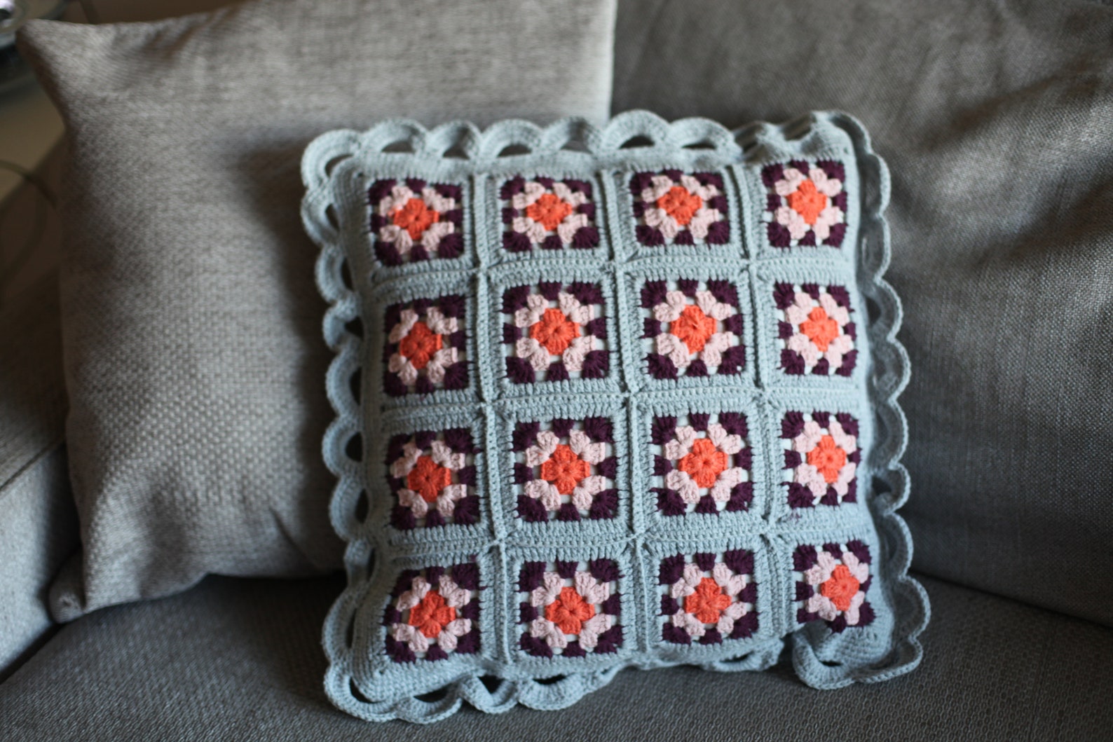 Crochet Granny Square Pillow Cover Handknit Colorful Cushion Etsy