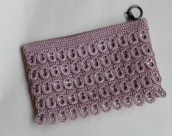 Shiny Recycled Soda Tab Clutch, Handmade Pink Tiny Bag, Crochet Bag made with Pop Tabs