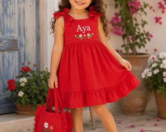 Personalized Cotton Dress Set, 3 Piece Baby Girl Outfit, Custom Name Embroidery, Ruffle Sleeve Toddler Dress, Bag & Bow Set