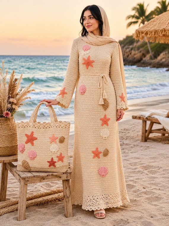 Handmade Beige Crochet Maxi Dress & Tote Bag Set for Women, Boho Beach Vacation Outfit