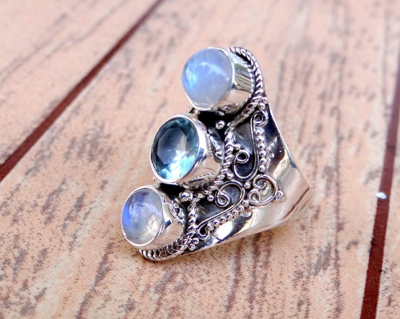 Moonstone & Blue Topaz Ring Solid 925 Sterling Silver Etsy