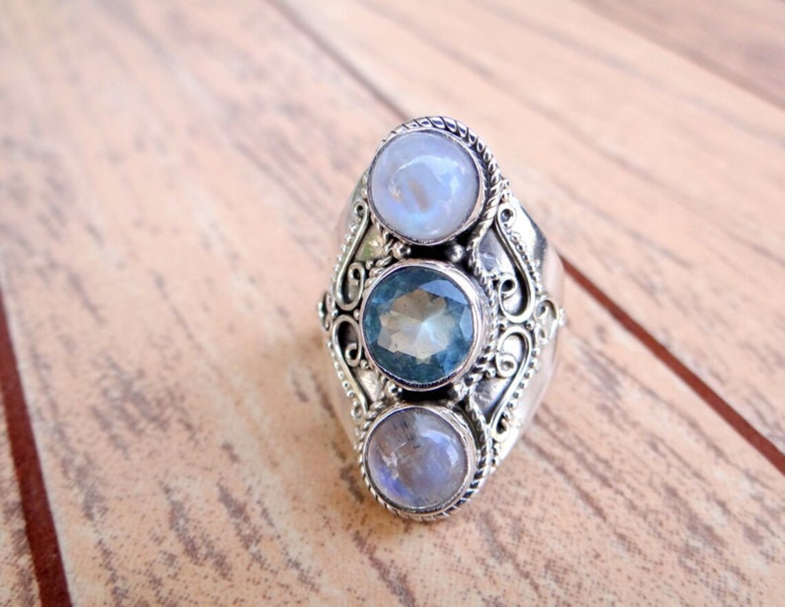 Moonstone & Blue Topaz Ring Solid 925 Sterling Silver Etsy
