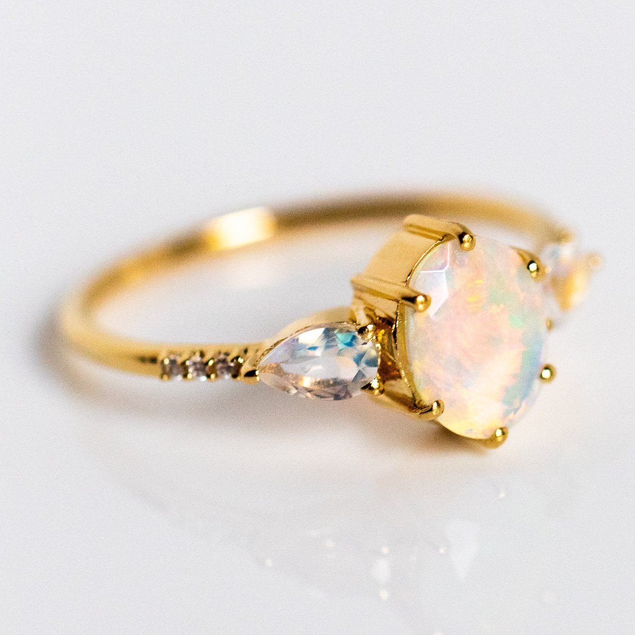 Opal Ring White Topaz Ring 14k White Gold Ring October | Etsy