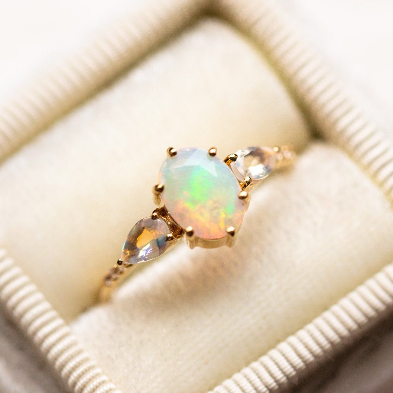 Opal Ring White Topaz Ring 14k White Gold Ring October | Etsy