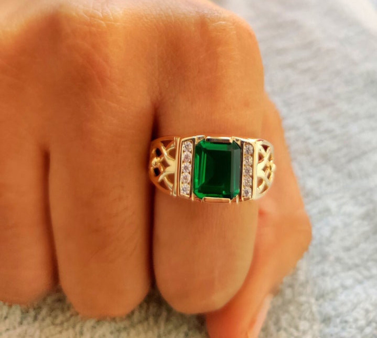 Mens Emerald Cut Green Emerald & Diamond Ring For Men Sterling Etsy