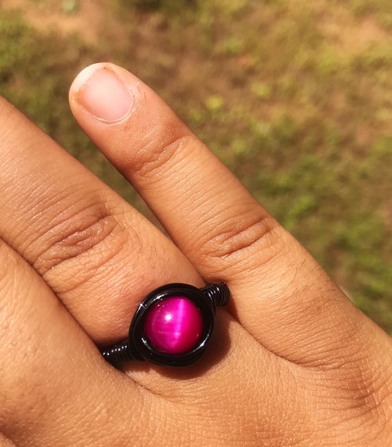 Pink Tiger Eye Black Wire Wrapped Ring 