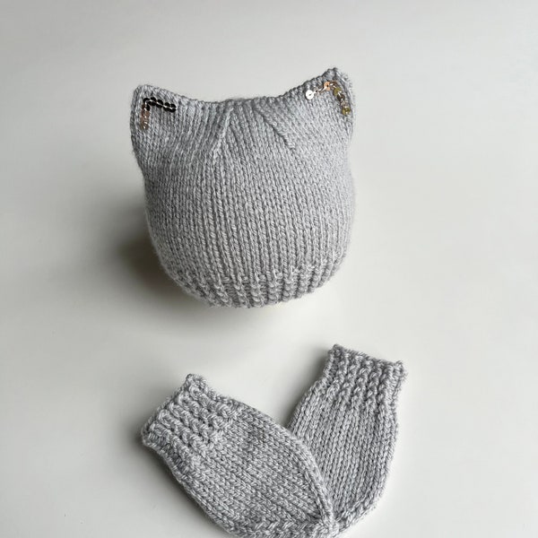 Baby “Silver Kitten” set knitting pattern 0-3 m, Newborn Baby Winter Hat, Cat ears  Baby Hat, Baby thumbless mitts pattern