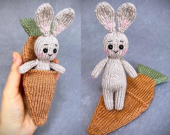 Mini Bunny Knitting Pattern English PDF, Pocket Rabbit in a Carrot Bed, Soft Toy Keepsake, Easter Bunny gift on 2 needles