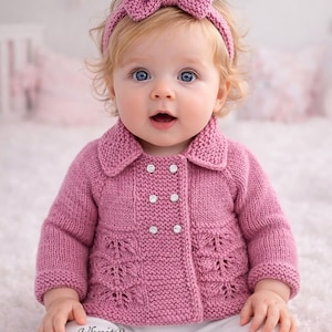 Puede incluir: Un bebé con una chaqueta rosa de punto y una diadema con lazo a juego. La chaqueta tiene un diseño cruzado con botones decorativos y un patrón floral en la parte inferior. El bebé también lleva pantalones blancos.