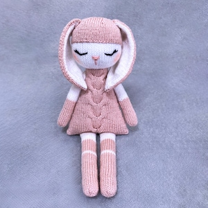 May include: A knitted bunny doll in shades of pink and white. The doll has a hooded head with long ears, a pink dress, and striped socks. The bunny has closed eyes and a small pink nose.