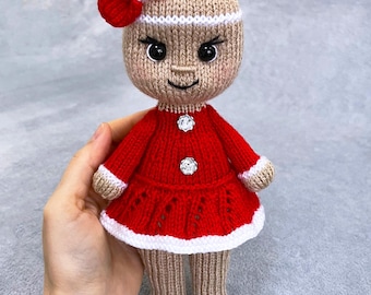 Knitted Gingerbread Girl Doll Pattern, Festive Stuffed Toy, English PDF