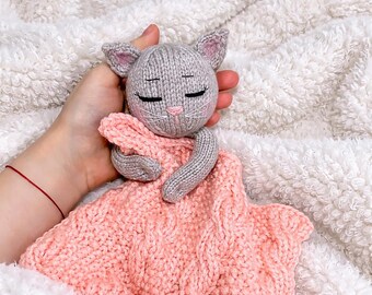Knitting Pattern Cat Lovey Blanket, Kitty Baby Comforter Toy, PDF Instant Download in English