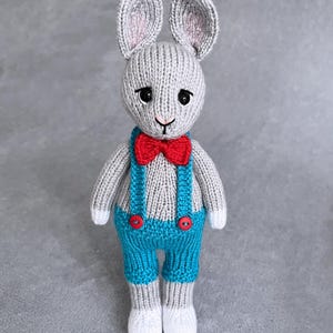 May include: A gray knitted bunny wearing blue overalls with red buttons and a red bow tie. The bunny has white feet and black eyes.