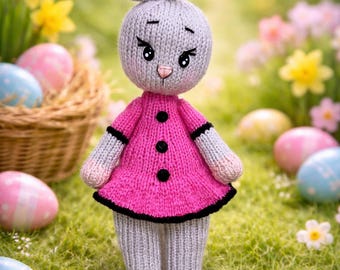 Knitting bunny pattern, PDF in English, 2 needles stuffed rabbit, Hand knit soft toy