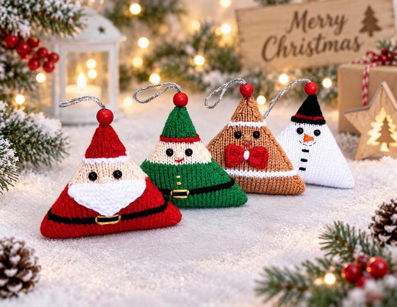 Knitting Christmas tree ornaments PDF pattern in English, Knitting festive decor on 2 needles