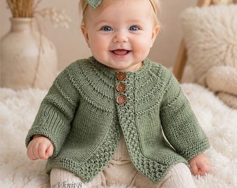 IN THE ROUND sleeves, Baby Cardigan Knitting Pattern 0-3 m only, English Pdf Download