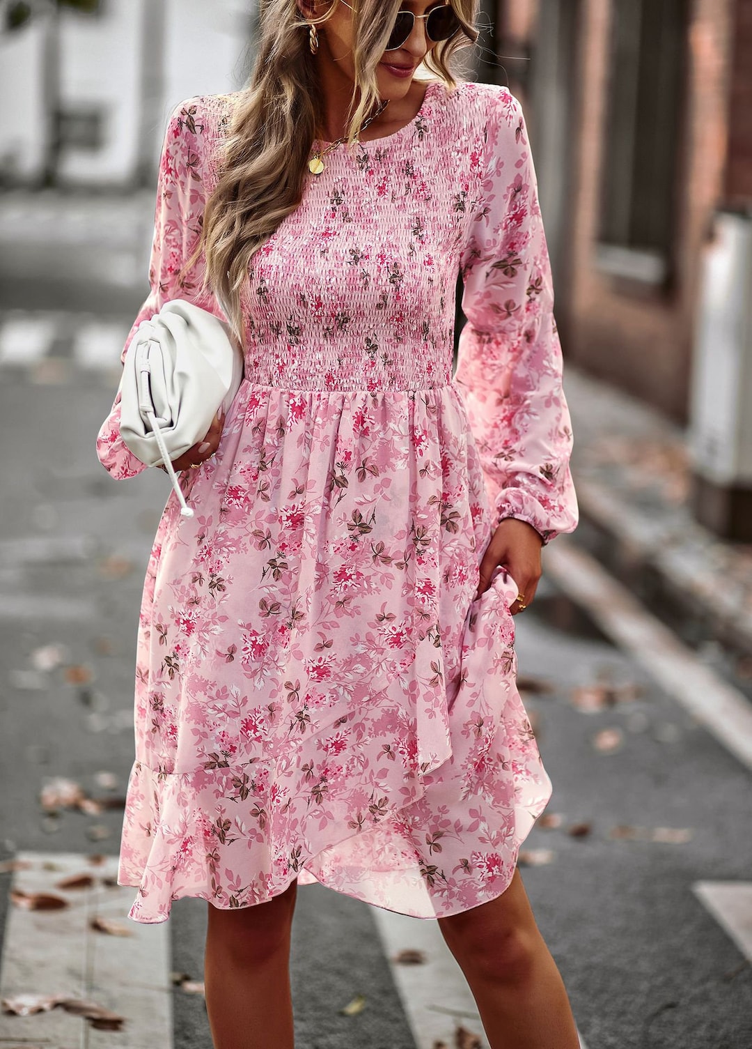 THEA Long Sleeves Floral Pink Mini Dress, Spring Cocktail Dress for Woman Etsy