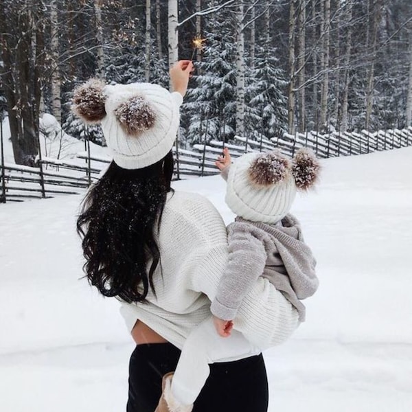 Mommy and Me Matching Hats Set – Red Stripe Pom Pom Beanie – Winter Hat