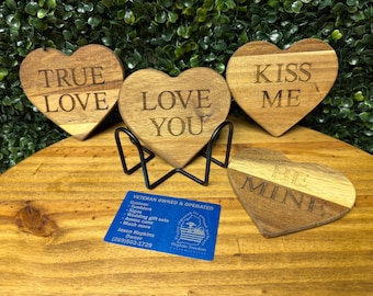 Heart shaped conversation coasters - set of 4 Acacia wood coasters with metal holder - Laser engraved, valentine decor - Gift for couples