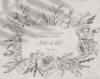 Marco floral con líneas artísticas, borde botánico para boda (descarga digital PNG)
