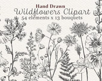 Wildflowers Clipart Line Art, Botanical Floral PNG, Hand Drawn Wildflower Outline, Minimal Flower Clipart, Wedding Invitation, CommercialUse