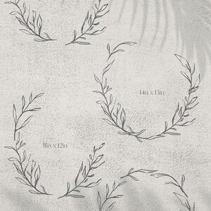May include: Hand-drawn line leaf wreath designs in various sizes, including 13in x 13in, 11in x 12in, 14in x 13in, and 14in x 15in. The wreaths are sketched in a delicate, minimalist style, perfect for digital art projects. The image also includes the text "Hand Drawn Line Leaf Wreath 300dpi 1 PNG FLIE" and "JULIA x JULIES ART".