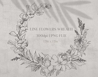 Botanical Flower Line Art, Floral Wreath Illustration (PNG File)