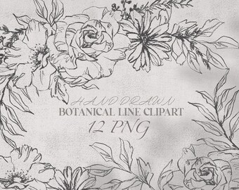 Floral Line Art Clipart, Botanical Flower Bouquet, Leaves PNG (Digital Download)