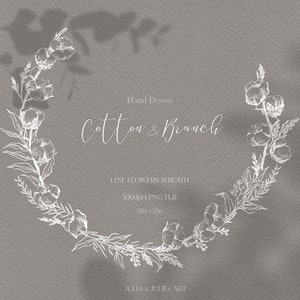 Baumwollkranz Clipart, Blumen Linie Zeichnung Clipart, schwarz und weiß, Boho Clipart, botanische Linie Kunst, handgezeichnete Blumen
