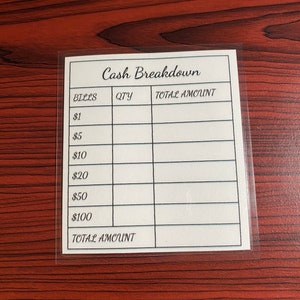 Laminierte Cash Breakdown Slip