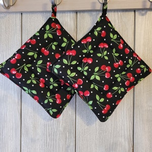 Cherry Fruit Potholders Design on Set of 2, 8x8, Potholders,Quilted, Extra Thick.