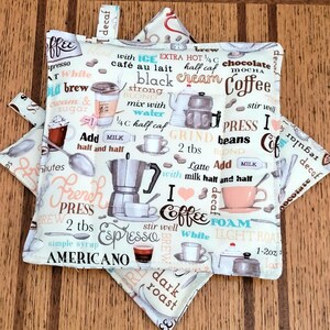 Potholders with Coffee Theme Design, Extra Thick, Quilted, Set of 2, 8x8.