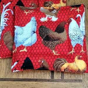 Roosters and Hens on Red Design  Potholders: Choose Two Designs. Quilted Cotton, Extra Thick, Set of 2 (8x8)