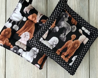 Potholders with Poodles, Set of 2, 8x8, Quilted. Two Designs to choose from.