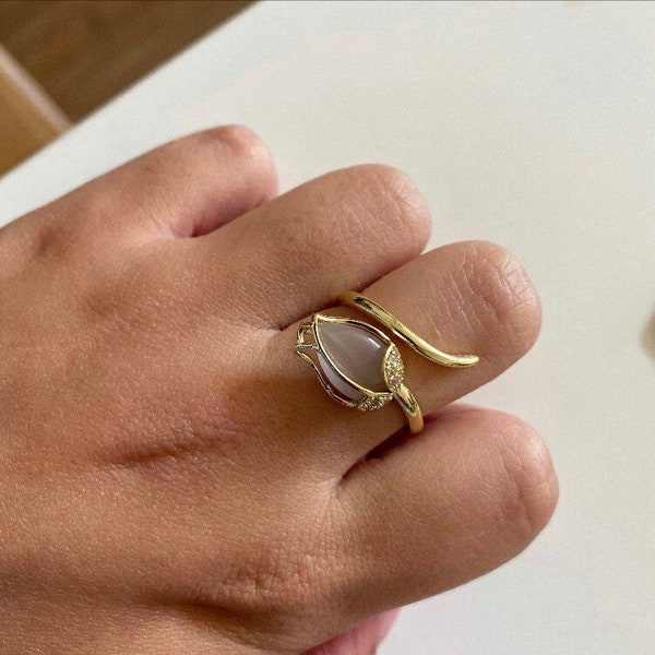 14K Gold Filled Tulip Flower Rings, Gold Tulip Ring, Cat Eye Stone Rings, Stacking Ring, Dainty Stacking Rings, Adjustable Ring, Open Ring,